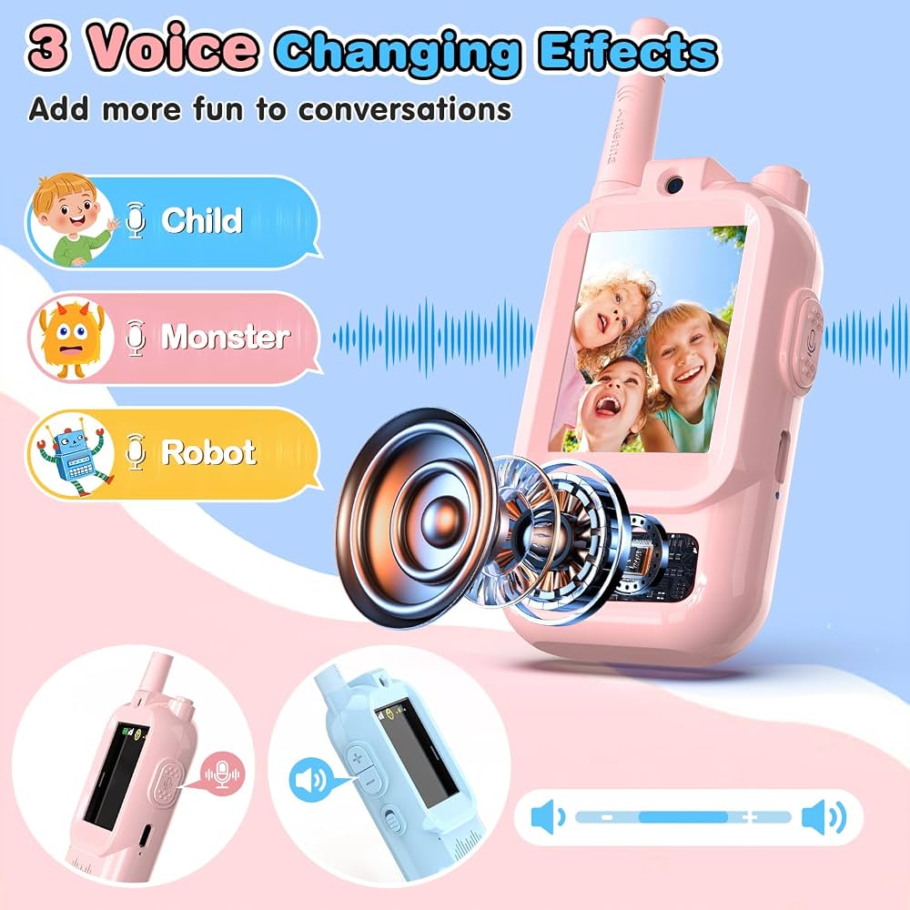 Video Walkie Talkies Toys for Kids 2 Pack Rechargeable with Camera, Voice Changer, Video Chat, Fun Toys for Indoor Outdoor Travel Birthday Gifts Toys for Boys Girls Ages 3-12 (Blue/Pink) - Image 8